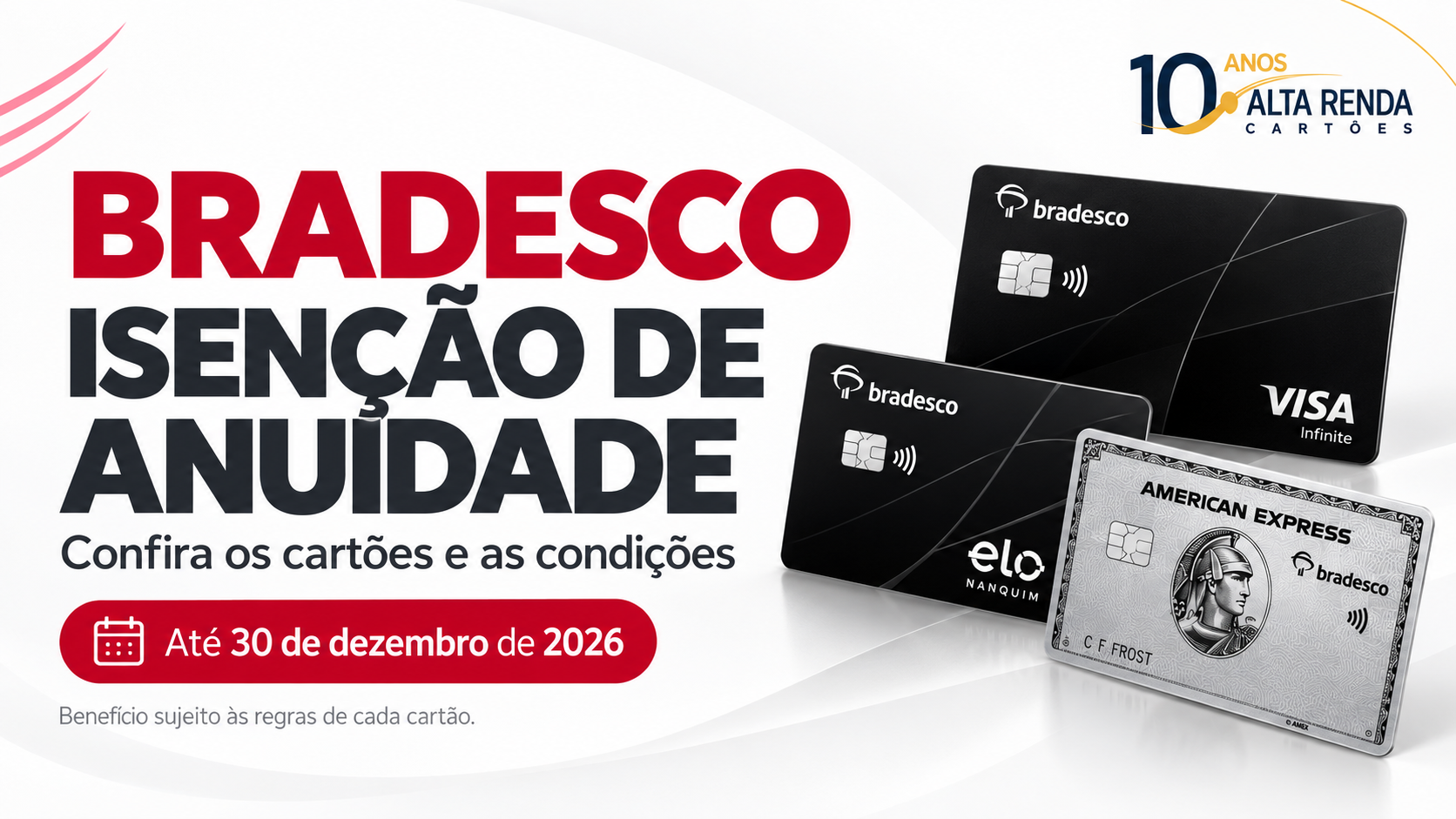 O Bradesco lançou uma campanha que isenta a anuidade de diversos cartões premium até 30 de dezembro de 2026. A oferta contempla opções como Elo Mais, Visa Signature, Visa Infinite, Mastercard Black e American Express The Platinum Card, mas as condições variam conforme o cartão e o canal de contratação.

Alguns cartões exigem solicitação pelo aplicativo do Bradesco, enquanto outros dependem da manutenção de um seguro ativo ou do cumprimento de metas de compras e investimentos. A campanha é destinada a clientes sem cartão de crédito ativo no Bradesco ou que cancelaram o cartão anterior há mais de seis meses. Vale conferir também as regras para os anos seguintes, porque a isenção do primeiro ano nem sempre se mantém automaticamente.