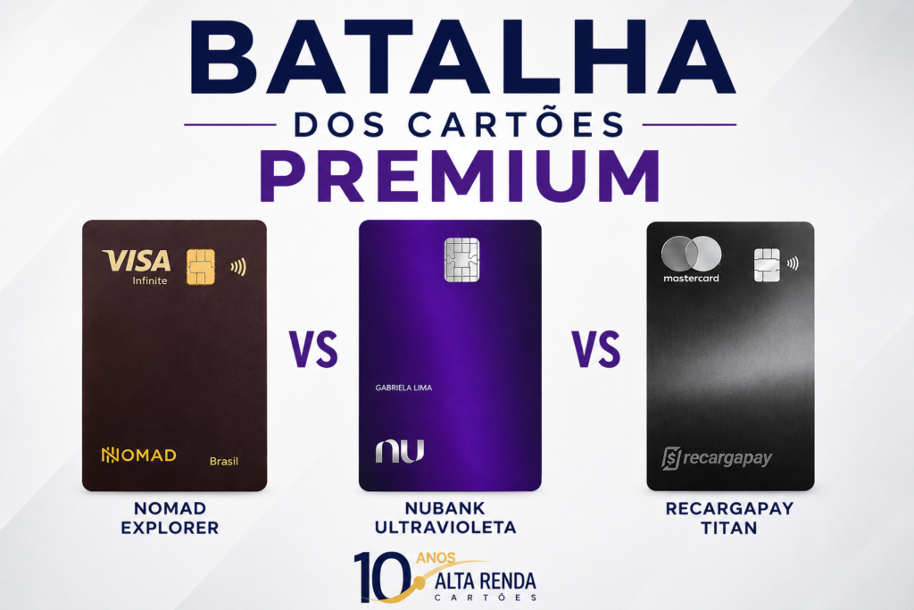 O mercado brasileiro de cartões premium está mais disputado do que nunca. Colocamos três dos cartões mais comentados frente a frente: o Nomad Explorer Visa Infinite, o Nubank Ultravioleta Mastercard Black e o RecargaPay Titan Mastercard Black. Qual entrega o melhor custo-benefício em 2026?

O Nomad Explorer sai na frente com anuidade zero para sempre, até 3 pontos por real, acesso ilimitado ao Nomad Lounge em GRU e transferência de pontos para Livelo, Smiles e Azul. Para quem busca benefícios de viagem sem regras de isenção impossíveis, é a escolha mais equilibrada. Use o código TWUSX2GB7T ao se cadastrar.