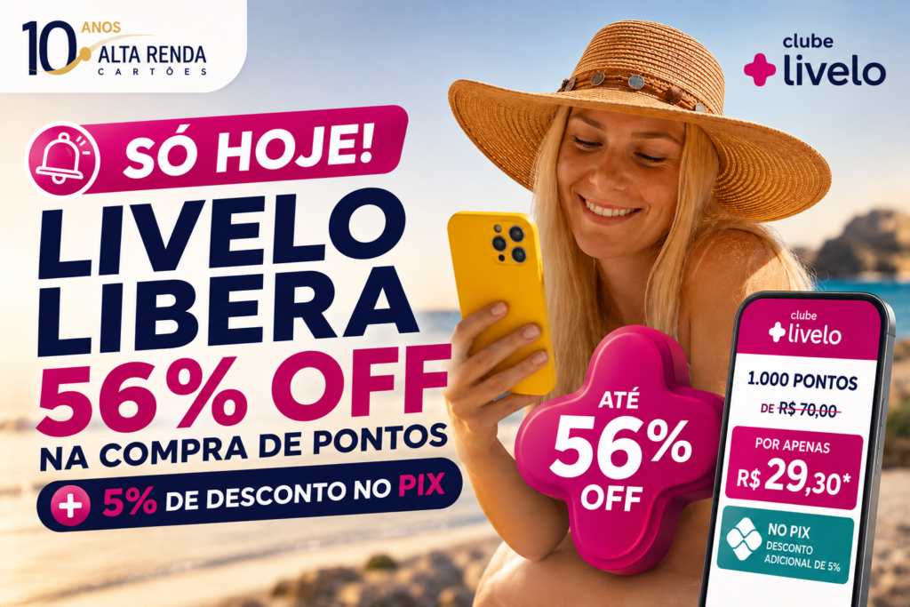 A Livelo acaba de liberar uma promoção relâmpago imperdível para assinantes do Clube Livelo: até 56% OFF na compra de pontos com o cupom COMPRADAY56, mais 5% de desconto extra para pagamentos via Pix. Isso pode derrubar o preço para cerca de R$ 29,30 por 1.000 pontos – uma oportunidade e tanto para quem quer turbinar a próxima viagem.

A oferta vale somente no dia 24 de agosto de 2026, das 10h às 23h59 (horário de Brasília). Os pontos são creditados em até 2 dias úteis e ficam válidos por tempo indeterminado enquanto a assinatura do Clube Livelo estiver ativa. Se você estava esperando o momento certo para comprar pontos, corra porque acaba hoje!