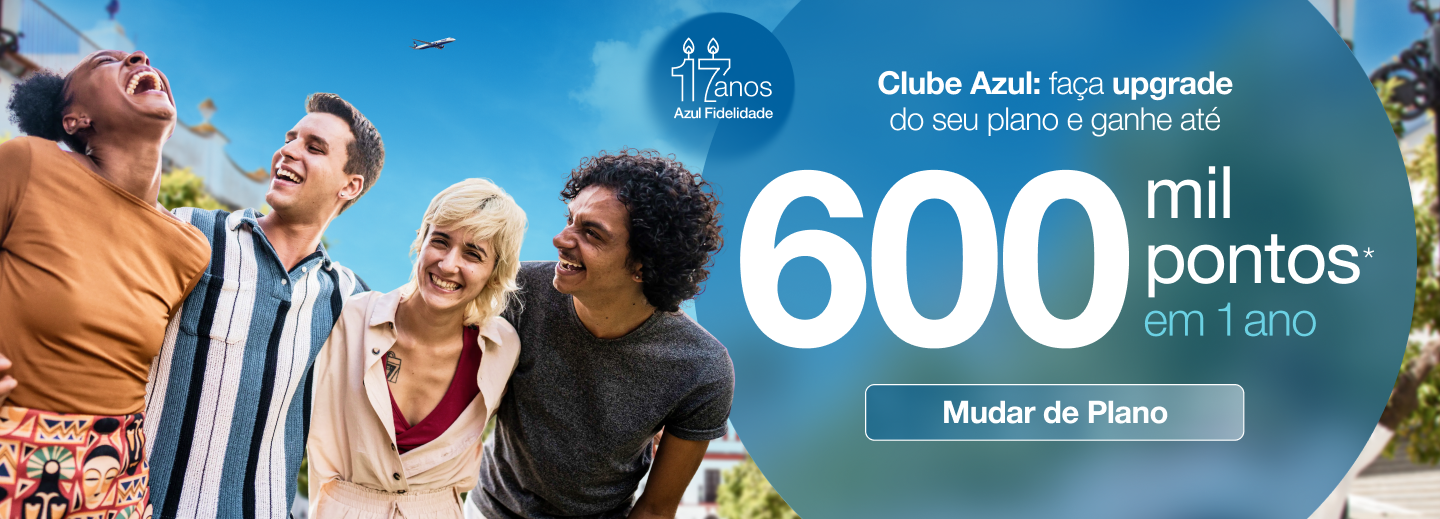 O Azul Fidelidade está turbinando as recompensas! Faça o upgrade do seu Clube Azul para a modalidade anual e desbloqueie até 600 mil pontos bônus em 12 meses. Do plano 2.000 ao 20.000, cada opção oferece um pacote gigante de pontos extras com parcelas mensais que facilitam sua jornada de acúmulo.

Garanta já — a campanha é válida apenas até 23 de agosto, às 23h59. Se você pensava em elevar o nível das suas recompensas de viagem, esse é o momento perfeito para aproveitar e transformar seus gastos do dia a dia na sua próxima viagem dos sonhos.