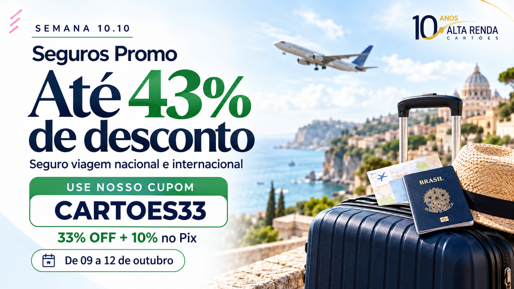A Semana 10.10 chegou com uma oferta imperdível de seguro viagem da Seguros Promo. De 9 a 12 de outubro de 2026, use o cupom CARTOES33 para garantir 33% de desconto em planos elegíveis e mais 10% de desconto pagando via Pix. No total, são até 43% de economia para a sua próxima viagem.

Seja em uma viagem nacional ou internacional, o seguro viagem pode cobrir despesas médicas, odontológicas emergenciais e problemas com bagagem. Compare preços e coberturas, confira os limites de cada benefício e escolha o plano que combina com o seu roteiro.

Não perca tempo: acesse a Seguros Promo pelo link, informe seu destino e as datas da viagem, aplique o cupom CARTOES33 e selecione o pagamento via Pix para aproveitar o desconto extra. A campanha vai até 12 de outubro de 2026.