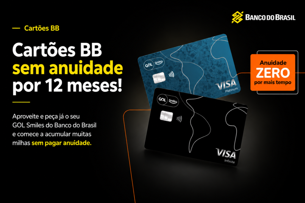 O Banco do Brasil e a Smiles lançaram uma promoção imperdível para quem quer economizar na anuidade dos cartões GOL Smiles Visa Platinum e GOL Smiles Visa Infinite. Ao solicitar e ter o crédito aprovado entre 03/08/2026 e 30/09/2026, o cliente já garante 3 meses de anuidade grátis automaticamente.

Para estender o benefício para 12 meses sem custo, basta atingir a meta de gastos acumulados nos 3 primeiros meses: R$ 4.000 no cartão Platinum ou R$ 8.000 no cartão Infinite. A apuração é feita automaticamente pelo sistema, sem envio de comprovantes, e se a meta não for alcançada, os 3 primeiros meses continuam gratuitos.

Além da isenção, os cartões oferecem benefícios robustos para viajantes: acúmulo de até 5,5 milhas por dólar gasto, bagagem despachada gratuita em voos GOL, acesso às Salas VIP GOL Smiles e parcelamento exclusivo de passagens. Uma ótima chance de turbinar sua próxima viagem sem pesar no bolso.