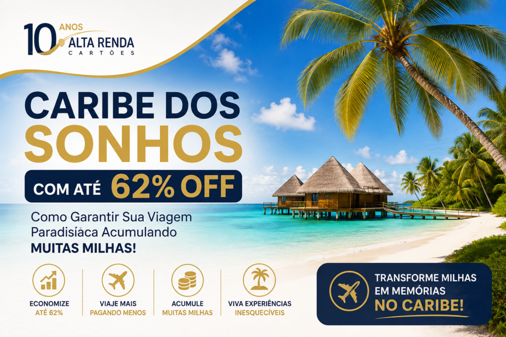 Sonhando com praias de areia branca e águas cristalinas? A Smiles acaba de lançar uma campanha irresistível para o Caribe com descontos de até 62% em hotéis, pacotes completos e seguro-viagem. De Curaçao a Cancún, o paraíso está mais perto do que você imagina.

E o melhor: você ainda acumula milhas enquanto economiza. Clientes Clube Smiles, Magno e Diamante ganham até 3 milhas por R$ 1 gasto em hotéis e pacotes, e o seguro-viagem rende até 10 milhas por R$ 1. Dá para parcelar em até 10x sem juros e usar o Smiles & Money para combinar milhas e dinheiro. E, para gastar no exterior sem pagar tarifas pesadas, Nomad e Wise são ótimos aliados na conversão de moeda e pagamentos.

Corra: a promoção vale só até as 10h do dia 2 de setembro de 2026. Confira destinos como Punta Cana, San Andrés, Aruba e Cancún e garanta sua viagem paradisíaca antes que a oferta acabe.