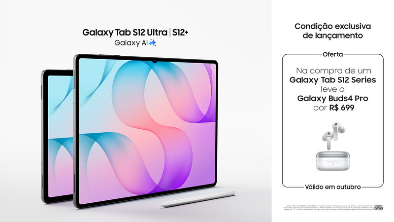 A Samsung abriu uma janela especial de lançamento para a Galaxy Tab S12 Series, permitindo combinar o Galaxy Tab S12 Ultra ou o Galaxy Tab S12+ com o Galaxy Buds4 por R$ 399 ou o Buds4 Pro por R$ 699. A ação vai até 1º de novembro de 2026, ou enquanto durarem os estoques.

Os tablets trazem o processador MediaTek Dimensity 9500, Galaxy AI e Samsung DeX, com tela de 14,6 polegadas no Ultra e 12,6 polegadas no Plus. Os dois modelos incluem S Pen, Capa Teclado Slim e adaptador de tomada na caixa, além de benefícios em aplicativos que podem gerar economia estimada de até R$ 2.000.