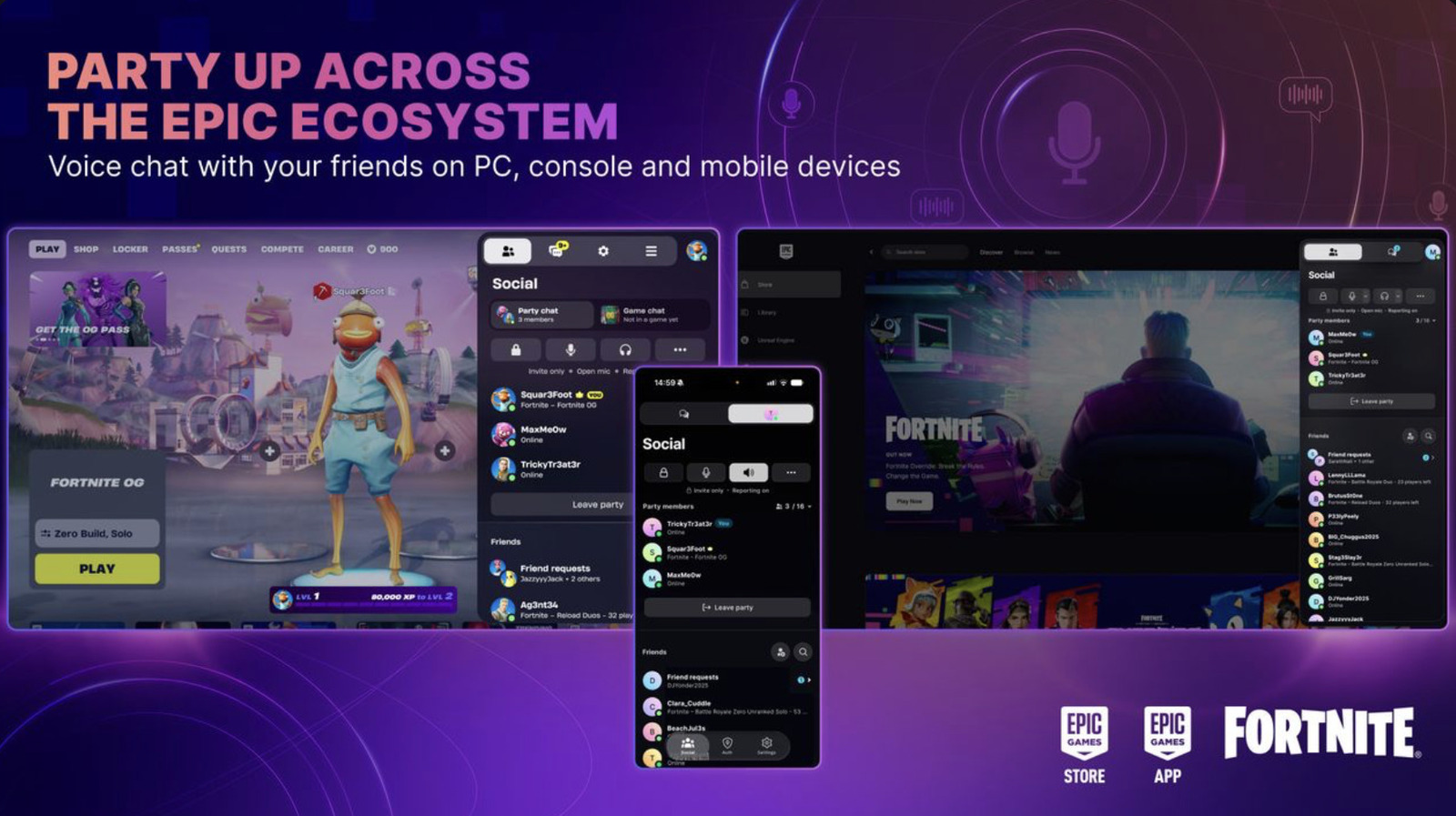 Epic Games acaba de facilitar a conexão entre jogadores. O novo recurso Epic Parties leva o chat de voz multiplataforma ao Fortnite, à Epic Games Store e aos apps mobile da Epic, permitindo iniciar uma chamada independentemente de onde seus amigos estão jogando.

Você pode até levar a conversa adiante, transferindo o chat de voz entre o app da Epic, o launcher e uma partida de Fortnite sem interrupção. Os convites de Party colocam automaticamente os jogadores no mesmo lobby, tornando a coordenação do squad mais fluida. O recurso expande o chat de texto já disponível, com um botão 'Start Party' para transformar qualquer conversa em chamada de voz.