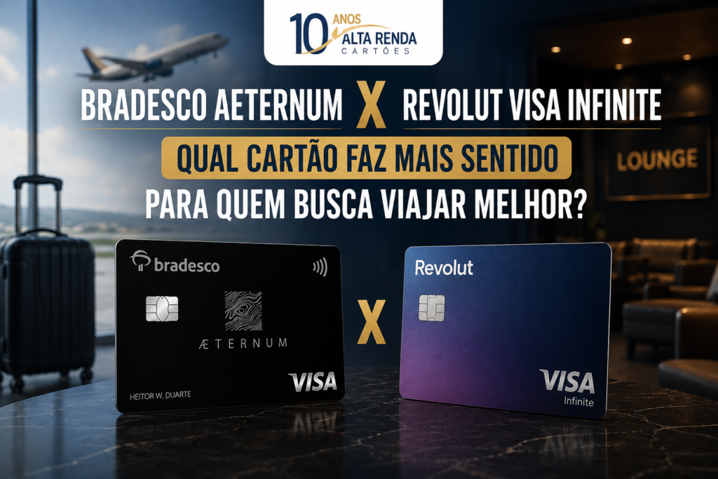 Prepare-se para um duelo de titãs entre o Bradesco Aeternum e o Revolut Visa Infinite. O Aeternum entrega 4 pontos por dólar e DragonPass ilimitado, mas cobra R$ 2.200 por ano e exige R$ 5 milhões investidos para isenção. Já o Revolut responde com anuidade de R$ 959,88, isenção a partir de R$ 8 mil em gastos mensais, spread zero e IOF zero no câmbio Revolut, além de transferência 1:1 para diversos programas de fidelidade.

Qual cartão faz mais sentido para você? Depende do que você prioriza: salas VIP e geração de pontos ou custo e câmbio mais vantajosos. Para quem viaja muito e quer economia nas transações internacionais, o Revolut sai na frente. E ainda existe campanha de cashback para novos clientes.