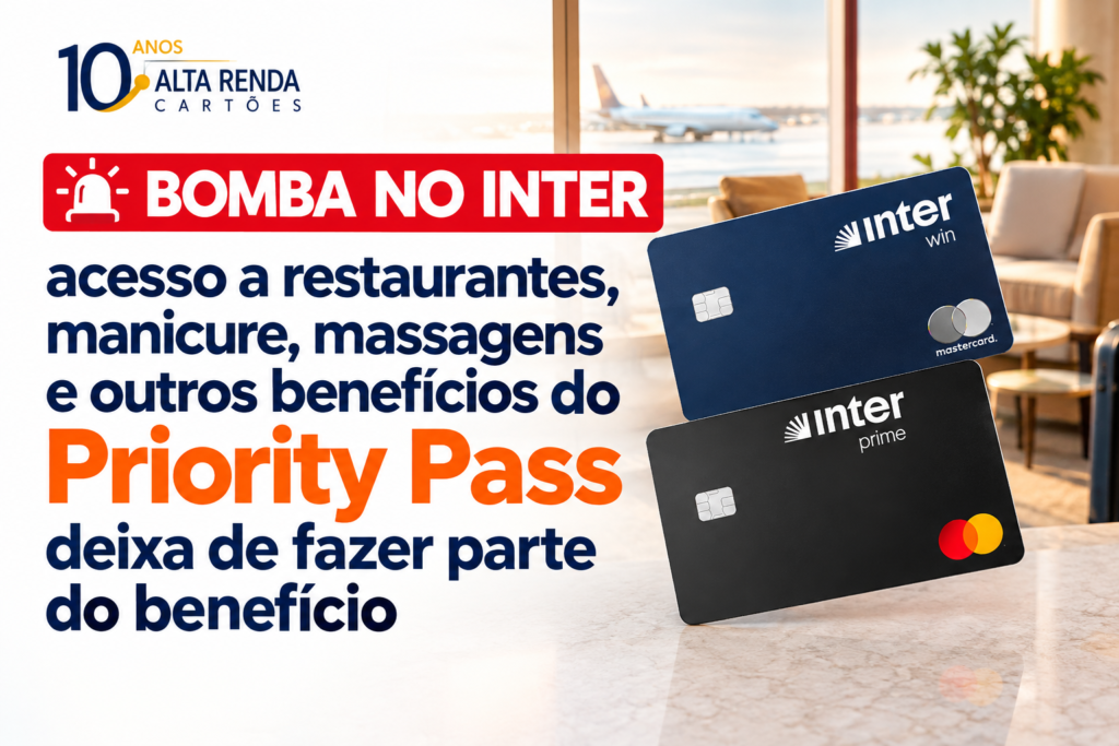 O Inter acaba de fechar o cerco em um dos benefícios de viagem mais cobiçados do mercado brasileiro. O Priority Pass atrelado aos cartões do banco agora cobre apenas o acesso às Salas VIP, e as experiências extras como restaurantes, massagens, manicure e outros serviços parceiros ficaram oficialmente de fora.

Para quem tem Inter Win, o acesso segue amplo: entrada gratuita e ilimitada nas salas próprias do Inter e nas salas da rede Priority Pass. Já os clientes Prime mantêm acesso ilimitado às salas do Inter e seis acessos anuais ao Priority Pass, compartilháveis com adicional desde que o titular esteja presente.

A rede continua gigante, com cerca de 1.400 salas VIP pelo mundo, e os espaços próprios do Inter em Guarulhos, Confins e Curitiba seguem com buffet, chuveiro, Wi-Fi e work station funcionando 24 horas. A regra é clara: confira as condições antes de contar com qualquer coisa além da sala. Para quem viaja e mexe com dinheiro no exterior, vale conhecer o Nomad (código TWUSX2GB7T).