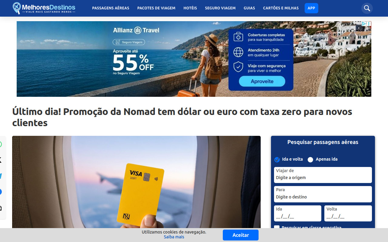 O prazo está acabando! A Nomad está oferecendo taxa de conversão e encargos zero para novos clientes na primeira operação de câmbio. Até 23h59 de hoje, você pode abrir sua conta e comprar entre US$ 100 e US$ 2.000 (ou o equivalente em euros) sem pagar nenhuma taxa.

Com a conta digital internacional da Nomad, você compra moeda estrangeira pela cotação comercial, tem cartão de débito virtual gratuito, pode sacar no exterior e usar em mais de 180 países. Sem taxa de abertura ou manutenção, é a chance perfeita para economizar nas suas próximas viagens. Aproveite antes que a promoção termine!