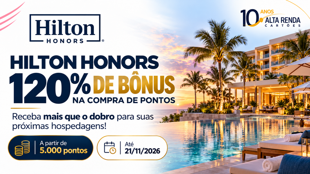 O Hilton Honors está oferecendo 120% de bônus na compra de pontos, transformando uma compra de 5.000 pontos em 11.000 pontos. A promoção vai de 7 de outubro a 21 de novembro de 2026 e exige compra mínima de 5.000 pontos.

O limite anual é de 240.000 pontos comprados por membro, e os pontos costumam entrar na conta em até 48 horas. Pontos comprados não contam para qualificação Elite, e as compras não são reembolsáveis, então vale comparar o custo com as tarifas em dinheiro antes de aproveitar.