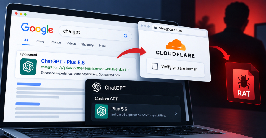 Uma campanha nova e bem montada está transformando o recurso de GPTs personalizados da OpenAI em arma. Pesquisadores da Huntress identificaram criminosos criando GPTs falsos chamados "Plus 5.6" que se passam por upgrades oficiais de assinatura do ChatGPT e empurram as vítimas para uma página no Google Sites com um CAPTCHA falso da Cloudflare. Se você seguir as instruções, uma isca ClickFix convence você a colar e executar um comando PowerShell malicioso na própria máquina.

O que vem depois é pesado. Um instalador MSI assinado abusa de um binário legítimo da Canon para carregar uma DLL maliciosa, extrai um loader criptografado escondido dentro de um arquivo de áudio .WAV e libera um trojan de acesso remoto completo. Esse RAT consegue acessar câmera, microfone e áudio do sistema, abrir sessões de área de trabalho remota, vasculhar arquivos e resolver seu servidor de comando e controle via DNS-over-HTTPS, ficando invisível nos logs de DNS locais. Pelo menos 40 usuários já foram infectados, muitas vezes após clicar em um resultado patrocinado na busca por "chatgpt".

A lição é direta: nunca execute comandos ou instaladores só porque um chatbot ou um CAPTCHA falso mandou, e confie apenas em fontes oficiais. Se proteger seu tráfego importa, ferramentas de privacidade como a ProtonVPN mantêm sua conexão criptografada e longe de infraestruturas suspeitas.
