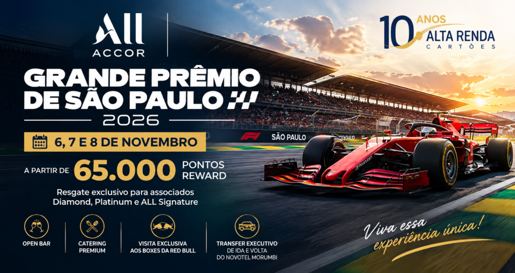 Prepare seus pontos Reward. A partir de 22 de setembro de 2026, associados do ALL Accor poderão disputar experiências VIP exclusivas para o GP São Paulo 2026, em Interlagos. O pacote inclui acesso ao Red Bull Lounge, open bar, catering premium, visita aos boxes da Red Bull e transfer executivo saindo do Novotel Morumbi.

O leilão é aberto a todos, mas o resgate é limitado aos níveis Diamond, Platinum e ALL Signature Absolute, com horários escalonados. Os lances iniciais começam em 65.000 pontos para sexta, 80.000 para sábado, 90.000 para domingo e 150.000 para o passaporte de três dias, com incremento mínimo de 1.000 pontos.

Não é apenas um ingresso para a corrida. É uma experiência premium completa em um dos maiores eventos esportivos do Brasil. Com disponibilidade limitada, o associado deve conferir o saldo de pontos e se preparar para a abertura às 11h do dia 22 de setembro.