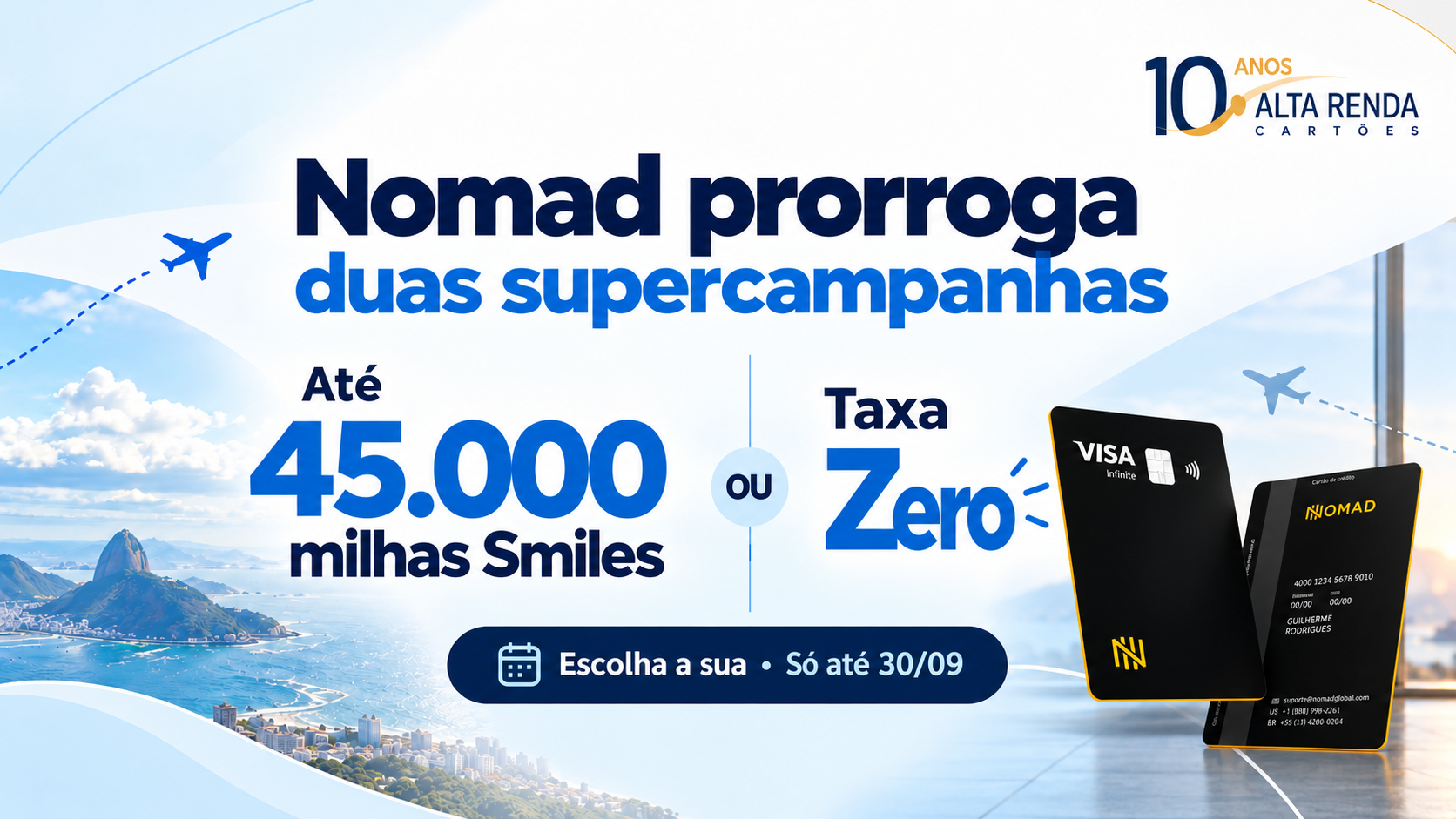 A Nomad prorrogou duas campanhas para novos clientes. Até 30 de setembro de 2026, quem abrir a conta pode escolher entre ganhar milhas Smiles ou fazer a primeira operação de câmbio com taxa zero.

Na opção de milhas, o primeiro câmbio no aplicativo gera bônus no programa Smiles. Já na opção de taxa zero, a Nomad elimina o spread da primeira conversão, deixando apenas a cotação do dólar comercial e os impostos aplicáveis.

É uma chance para quem quer guardar dólares, investir no exterior ou viajar sem pagar taxas desnecessárias. Para começar, use o link de indicação da Nomad e o código TWUSX2GB7T.