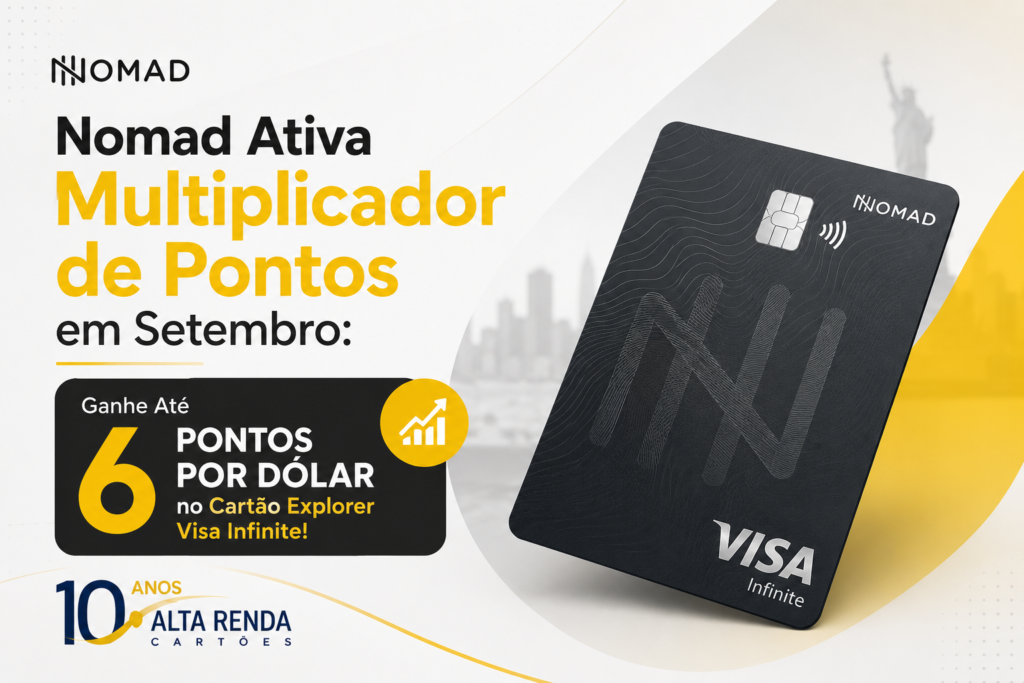 Prepare-se para turbinar seus pontos: a Nomad ativou o multiplicador de pontos para setembro, e clientes do cartão Explorer Visa Infinite podem ganhar o dobro de pontos ao atingir a meta individual de gastos. A campanha vai de 1º a 30 de setembro, com compras elegíveis rendendo até 6 pontos por dólar.

A meta é calculada com base nos gastos do mês anterior e começa em R$ 2.000 para quem não teve gastos. Compras no cartão físico, virtual e adicionais contam para a meta; pagamentos de fatura, saques, taxas e compras estornadas não são elegíveis. Os pontos bônus são creditados em até 60 dias após o fim da campanha.

Vale concentrar suas compras planejadas em setembro para aproveitar uma das maiores taxas de acúmulo do segmento Visa Infinite internacional. Confira o e-mail da Nomad para saber sua meta exata e use nosso link para abrir sua conta.