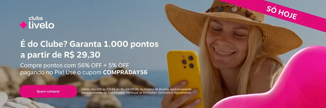 Grande notícia para caçadores de pontos e milhas: a Livelo acaba de liberar uma promoção relâmpago com 56% de desconto na compra de pontos para assinantes do Clube Livelo. Com o cupom COMPRADAY56, o milheiro sai a partir de R$ 30,80 — e cai para R$ 29,26 se você pagar via Pix.

Melhor ainda: compras acima de R$ 240 podem ser parceladas em até 12x sem juros, e o desconto do Pix é cumulativo com a oferta. Dá para comprar até 100.000 pontos, uma chance perfeita para turbinar o saldo e garantir aquela viagem dos sonhos. Corra, porque a campanha termina hoje.