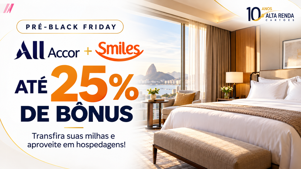 A Smiles e o ALL Accor estão com uma campanha de transferência bonificada de 26 a 29 de outubro de 2026, com até 25% de bônus em Pontos Reward para participantes elegíveis. A oferta combina 15% de bônus da campanha com mais 10% para assinantes ALL Signature ativos e com pagamento regularizado.

Assinantes do Clube Smiles têm paridade especial de 6.000 milhas Smiles para 1.000 Pontos Reward, podendo chegar a 1.250 pontos com o bônus total. A bonificação é limitada a uma transferência por CPF, então vale definir o valor antes de confirmar.

Quem pretende aproveitar as ofertas de hotéis na Black Friday pode usar a promoção para reforçar o saldo no ALL Accor, mas o benefício depende do custo das milhas e da hospedagem desejada. Confira o lote de conversão e a quantidade final de pontos antes de concluir.