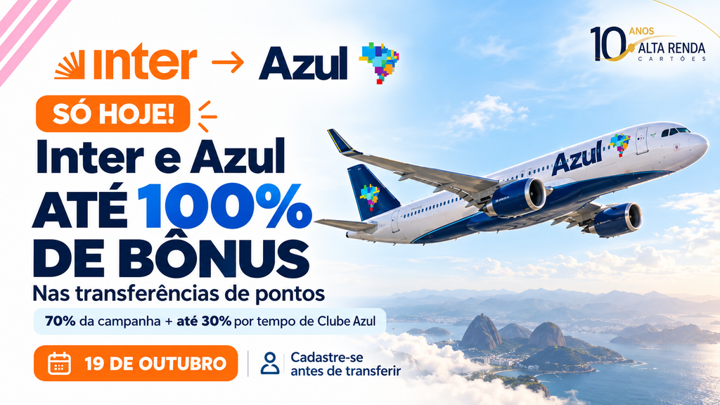 O Inter e a Azul lançaram uma campanha de um dia com até 100% de bônus nas transferências de pontos para o Azul Fidelidade. Assinantes do Clube Azul recebem 70% de bônus, enquanto os demais clientes do Azul Fidelidade têm direito a 40%; assinantes elegíveis podem somar até 30% do adicional por tempo de clube.

Para participar, é preciso cadastrar o CPF na página da campanha antes de transferir os pontos nesta segunda-feira, 19 de outubro de 2026. A oferta tem limite de 300 mil pontos bônus por CPF, e os pontos extras serão creditados em até 15 dias úteis, com validade de seis meses.