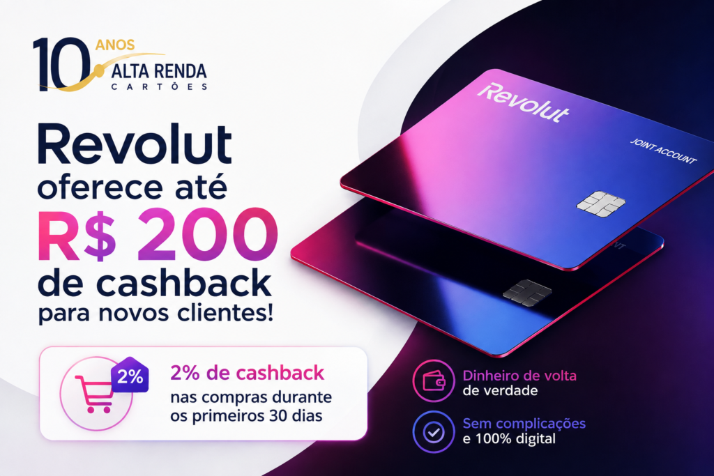 A Revolut acaba de turbinar a chegada de novos clientes no Brasil: 2% de cashback em compras elegíveis durante os primeiros 30 dias após abrir a conta, com até R$ 200 de volta. O cartão virtual já vale para a promoção, então dá para começar a ganhar sem esperar o cartão físico chegar.

Para aproveitar, é preciso fazer o primeiro cadastro até 30 de agosto de 2026. Quem perdeu o prazo pode acompanhar as próximas ofertas da Revolut — cashback, RevPoints e benefícios de câmbio costumam aparecer de novo. Concentrar gastos no cartão nos primeiros dias pode transformar parte das suas compras em dinheiro de volta.