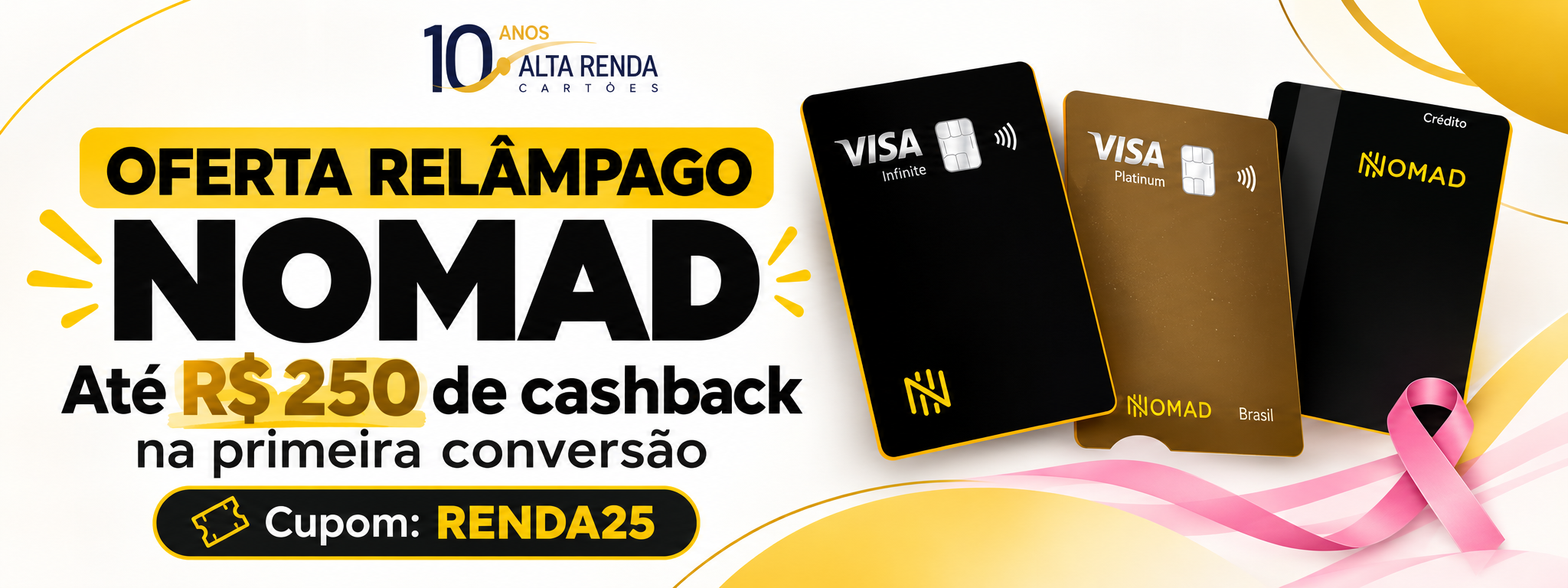 A Nomad liberou uma oferta relâmpago para transformar a primeira conversão internacional em desconto de verdade. Novos clientes que abrirem conta e usarem o cupom RENDA25 recebem R$ 0,25 de cashback por dólar ou euro convertido na primeira conversão elegível, limitada a US$ 1.000 ou € 1.000, o que pode chegar a R$ 250 de cashback.

A campanha é limitada aos primeiros 300 novos cadastros, e a conversão precisa ser feita em até 15 dias após a aprovação da conta. A oferta aparece com prazo em 31 de outubro de 2026 e abertura de conta até 1º de novembro de 2026, então confira no aplicativo a cotação, os impostos e as condições finais antes de confirmar. Para quem já planeja uma viagem ou quer diversificar parte dos recursos no exterior, é um bom momento para reduzir o custo da primeira operação.