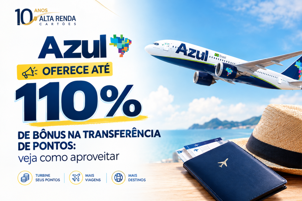 A Azul Fidelidade lançou uma promoção que oferece até 110% de bônus na transferência de pontos de bancos parceiros. A campanha vai de 23 a 27 de setembro de 2026 e exige cadastro prévio na página da promoção.

O percentual de bônus varia conforme o perfil e o tempo de assinatura do Clube Azul: clientes Azul recebem 50%, assinantes do Clube Azul ganham 80%, e quem tem cinco anos ou mais pode chegar a 100% ou 110%. O limite do bônus principal é de 300 mil pontos por CPF, e os bônus adicionais por tempo de clube têm limite de 100 mil pontos por ano.

Os pontos bônus serão creditados em até 15 dias úteis após o fim da campanha e terão validade de seis meses. Antes de transferir, faça o cadastro e confira o regulamento para avaliar se o bônus compensa para a sua estratégia de viagem.
