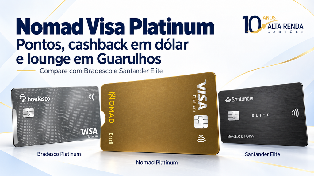 O Nomad Explorer Visa Platinum chega para agitar o mercado de cartões premium ao unir gastos em reais, conta internacional e benefícios de viagem. A proposta inclui 1,5 ponto por dólar gasto, resgate em cashback em dólar, desconto na taxa de conversão e transferências para Livelo, Azul e Smiles.

Entre os destaques estão duas visitas anuais ao Nomad Lounge, no Terminal 3 de Guarulhos, além de 1 Nomad Tag e 10 GB de internet internacional conforme as regras do serviço. A mensalidade é de R$ 45,90, com isenção nos meses em que a fatura atingir R$ 2.500 ou mais a partir do segundo mês.

Na comparação com Bradesco Visa Platinum e Santander Elite Pontos, o cartão da Nomad se diferencia pelo foco em dólar e viagens, mas cada opção tem pontuação, anuidade e acesso a salas VIP com condições próprias. Abra sua conta Nomad com o código TWUSX2GB7T e conheça o cartão internacional.