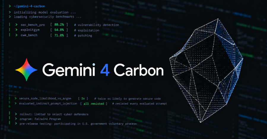 Google apresentou o Gemini 4 Carbon, um modelo de IA de fronteira que estabelece um novo padrão para a defesa cibernética. Ele marcou 88,2% no SEC-bench Pro para encontrar vulnerabilidades, 54,8% no ExploitGym para exploração e 71,0% no CWE-bench para correção, além de liderar o Artificial Analysis Intelligence Index com pontuação 59 à frente de Claude Opus 5.5, GPT-6 Astra e GPT-6.1 Sol.

O modelo é posicionado como um salto importante para defensores, com o dobro da probabilidade de gerar código seguro em comparação ao Argon e forte resistência a injeção indireta de prompt. O acesso está limitado a um subconjunto de defensores cibernéticos por meio do Fairwind Program do Google, e o Carbon foi projetado para buscar entrada humana em tarefas ambíguas em vez de forçar um caminho arriscado.

O lançamento ocorre enquanto rivais avançam com capacidades semelhantes, incluindo um modelo interno de pesquisa da Anthropic que encontrou falhas críticas em softwares amplamente usados antes de serem corrigidas.