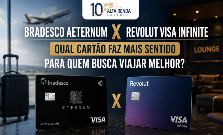 A disputa pelos cartões de quem viaja ficou séria. O Bradesco Aeternum, há anos um dos cartões mais desejados do Brasil, agora encara um concorrente agressivo: o Revolut Visa Infinite, um cartão global de fintech feito para quem gasta no exterior.

Os números impressionam. O Revolut cobra anuidade de R$ 959,88, enquanto o Aeternum custa R$ 2.200 por ano e só isenta quem mantém R$ 5 milhões investidos. No Revolut, a isenção chega com R$ 8 mil de gastos mensais.

O grande diferencial do Revolut está no câmbio, com spread zero e IOF zero, contra spread de 6% mais 3,5% de IOF no Aeternum. O Aeternum ainda leva vantagem na pontuação e no acesso ilimitado às salas DragonPass, mas para quem busca economia real, o cartão da fintech é um concorrente e tanto.