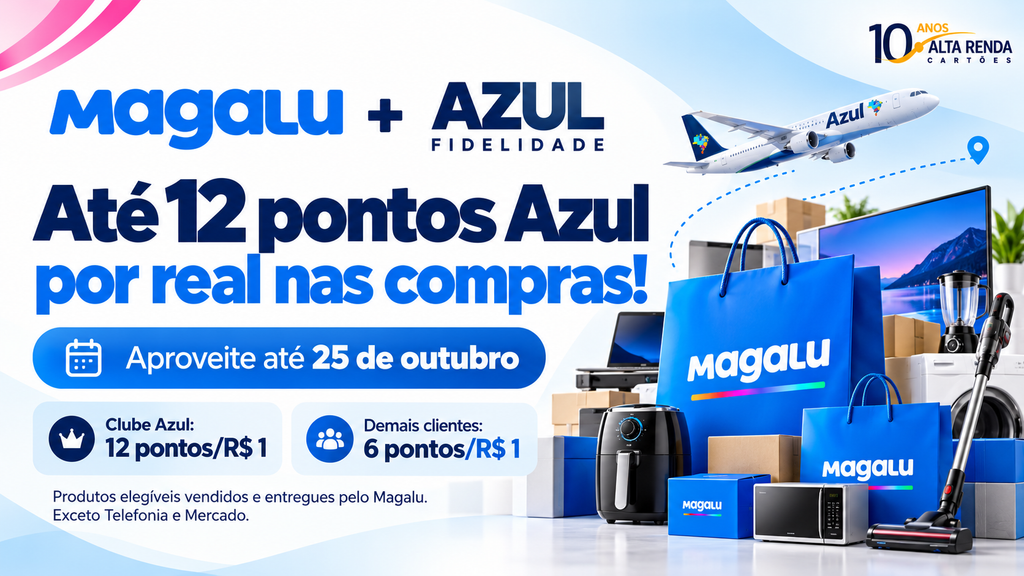 Uma compra planejada pode virar uma pilha generosa de milhas. O Magazine Luiza e o Azul Fidelidade estão com uma campanha que credita até 12 pontos por real gasto em produtos elegíveis comprados pelo hotsite da parceria, válida só entre 20 e 25 de outubro de 2026.

A conta é agressiva: membros do Azul Fidelidade ganham 6 pontos por real, e assinantes ativos do Clube Azul dobram para 12. Uma compra elegível de R$ 1.000 pode render até 12 mil pontos. O detalhe decisivo é que a oferta só vale para itens vendidos e entregues diretamente pelo Magalu, com Telefonia e Mercado fora da promoção. Produtos de marketplace acumulam apenas 1 ponto por real, então conferir quem entrega é a diferença entre 1.000 e 12.000 pontos.

Compras pelo aplicativo, lojas físicas, televendas, Clube da Lu e redes sociais não participam, e frete, embalagem para presente, garantia estendida e descontos por cupom ficam de fora do cálculo. Os pontos caem em até 30 dias úteis após a entrega, e o assinante precisa manter o Clube Azul ativo até a data do crédito. Vale muito para quem já estava planejando a compra, desde que o preço final continue competitivo.
