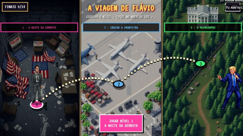Um jogo indie gerado por IA está transformando o drama político brasileiro em sátira jogável. Em A Viagem de Flávio, os jogadores ajudam Flávio Bolsonaro a fugir da polícia, cruzar fronteiras, se disfarçar no aeroporto e tentar se reencontrar com Donald Trump. O projeto foi criado por argentinos críticos a Javier Milei, com imagens feitas por inteligência artificial para montar uma história de fuga fictícia e caricata.

O game roda no celular ou no computador sem instalação e mistura cultura gamer com comentário político afiado. Ele chega enquanto a viagem real de Flávio Bolsonaro aos EUA via Argentina domina as manchetes, oferecendo uma forma provocativa e altamente compartilhável de acompanhar a história. A sátira não poupa ninguém e mira justamente a narrativa de fuga da extrema direita.
