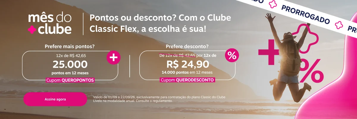 A Livelo liberou a promoção Mês do Clube e é uma chance e tanto para quem quer acelerar o acúmulo de pontos. Nas novas adesões ao Clube Classic 1000 na modalidade anual, o assinante escolhe entre duas rotas: uma chuva de pontos ou um desconto forte na mensalidade. A oferta vai até 22 de setembro de 2026, às 23h59 no horário de Brasília, então não dá para deixar para a última hora.

No caminho dos pontos, usando o cupom QUEROPONTOS, são 1.000 pontos mensais do plano mais 4.334 pontos extras por mês nos três primeiros meses, chegando a 15.000 pontos logo de cara e a 25.000 pontos ao longo de 12 meses por 12x de R$ 42,65. No caminho da economia, com o cupom QUERODESCONTO, a mensalidade cai de R$ 42,65 para R$ 24,90 durante todo o ano, mantendo 1.000 pontos por mês e um bônus de 2.000 pontos no primeiro mês, totalizando 14.000 pontos.

E tem mais: pagando com cartão Elo você soma 1.000 pontos extras na opção QUEROPONTOS ou 500 extras na opção QUERODESCONTO. Fique atento às regras: o cupom precisa ser inserido na assinatura pelo site ou app da Livelo, não se pode trocar de plano nem cancelar antes do crédito completo dos bônus, e a elegibilidade exige não ser assinante e não ter cancelado assinatura recentemente. Os pontos não expiram enquanto a assinatura estiver ativa.