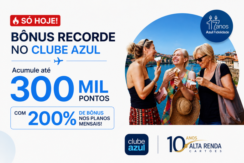 A Azul liberou uma oferta relâmpago para novas assinaturas do Clube Azul: 200% de bônus em pontos durante as cinco primeiras mensalidades. Dependendo do plano, é possível acumular até 300 mil pontos no período, turbinando sua reserva para a próxima viagem.

O CPM chega a R$ 11,10 para quem pagar com o cartão Azul Itaú, uma das melhores oportunidades do ano para acumular pontos. Mas atenção: a campanha é válida somente até as 23h59 de hoje, então não deixe para depois.