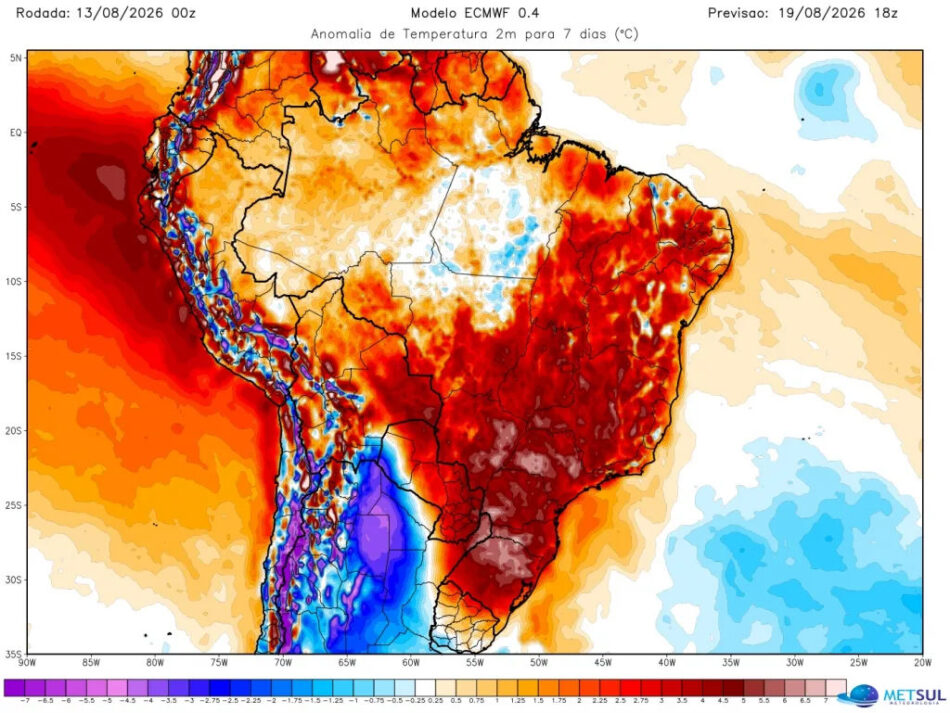 Uma bolha de calor gigante está prestes a virar o inverno brasileiro de cabeça para baixo, com temperaturas que podem passar de 43°C em partes do Centro-Oeste. A massa de ar quente se intensifica a partir deste fim de semana e domina a previsão do tempo na próxima semana.

Os termômetros já registraram marcas históricas, como os 41,1°C em São Miguel do Araguaia (GO). Em São Paulo, as máximas devem ficar entre 31°C e 34°C, enquanto no interior podem chegar a 39°C. O Sul também não escapa: várias cidades podem atingir 35°C.

Além do calor, a bolha aumenta a instabilidade e pode provocar temporais curtos, raios, ventos e até granizo. É o inverno no Brasil ficando perigosamente quente.