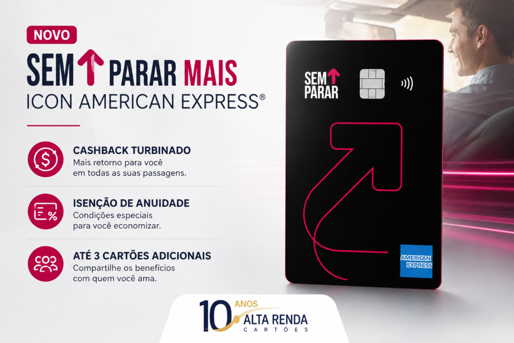 Sem Parar e American Express acabam de elevar o nível com o novo cartão Sem Parar Mais Icon. Ele une a tag de pedágio e estacionamento a um programa de cashback poderoso, além de acesso ao portfólio de benefícios da Amex.

Quem usar o cartão recebe 5% de cashback turbinado em abastecimentos acima de R$ 100 e estacionamentos acima de R$ 20, e 1% de cashback em todas as demais compras. A mensalidade fica grátis nos três primeiros meses e pode continuar isenta para quem tem gasto médio de R$ 20.000 nos últimos três meses. Também é possível emitir até três cartões adicionais.

Para quem viaja, há quatro acessos anuais a salas VIP, assinatura gratuita do Priority Pass, status Five Star na Hertz e Platinum no Sixt, além de seguros de viagem. Tudo isso em uma fatura unificada e com cashback resgatável por até 180 dias.