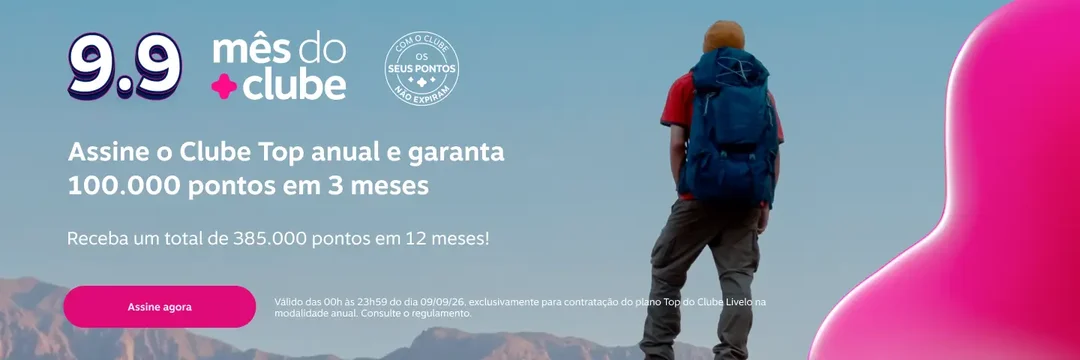 Quem pensa em assinar o Clube Livelo Top precisa agir rápido: a oferta que garante até 385 mil pontos em 12 meses vale somente até hoje. A campanha inclui 105 mil pontos promocionais, os 240 mil pontos mensais do plano e 40 mil pontos por permanência.

O custo por mil pontos (CPM) fica a partir de R$ 22,43 no pagamento anual à vista, uma oportunidade interessante para quem usa Livelo para emitir passagens aéreas e aproveitar benefícios de viagem. A contratação deve ser feita no site oficial da Livelo, na modalidade Top anual.

Como toda assinatura envolve compromisso financeiro, vale ler o regulamento e avaliar se os pontos fazem sentido para o seu planejamento de viagens antes de fechar.