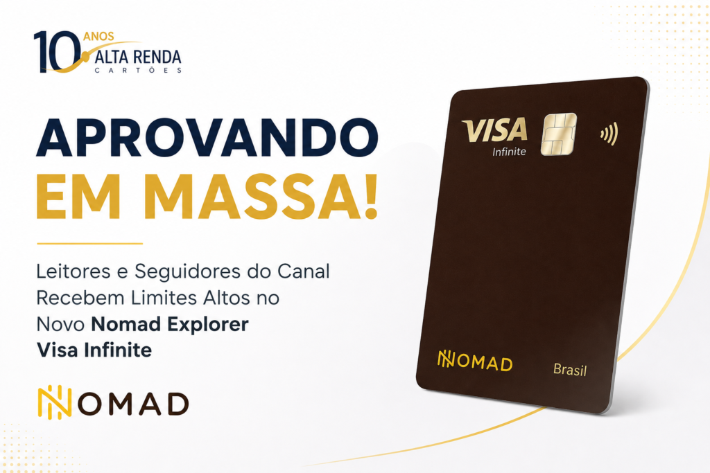 A Nomad está liberando em massa o acesso ao Nomad Explorer, primeiro cartão de crédito emitido diretamente no Brasil com a bandeira Visa Infinite. Leitores e seguidores do canal relatam aprovações com limites iniciais entre R$ 7.600 e R$ 30.000, e o cartão chega com anuidade zero para sempre.

O programa de recompensas entrega até 3 pontos por dólar gasto, pontos que nunca expiram, transferência para Livelo, Smiles e Azul Fidelidade, acesso ilimitado à Sala VIP Nomad no GRU Terminal 3, 4 acessos internacionais por ano via DragonPass e cobertura médica internacional de até US$ 175 mil.

Para entrar nessa onda, cadastre-se pelo link de indicação com o código TWUSX2GB7T e solicite o seu cartão.