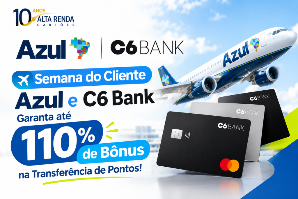 A Semana do Cliente Azul começou com tudo, e a estrela da vez é uma parceria relâmpago entre a Azul Fidelidade e o C6 Bank que garante até 110% de bônus na transferência dos seus pontos C6 Átomos. A janela é curta: vai de 14 a 16 de setembro de 2026, então o relógio já está correndo.

Clientes com conta padrão recebem 50% de bônus, assinantes do Clube Azul chegam a 80%, e quem é assinante fiel ainda acumula percentuais extras conforme o tempo de clube, empurrando o teto até os impressionantes 110%. O detalhe decisivo é que você precisa se inscrever no hotsite oficial e cadastrar o CPF antes de transferir, senão o bônus não cai.

Os pontos bonificados entram em até 15 dias úteis e valem por 6 meses, com limite de 300.000 pontos bônus por CPF. Se você tem um bom saldo parado no C6 Átomos e já sonha com o próximo destino, essa é a hora de agir rápido e garantir o máximo.