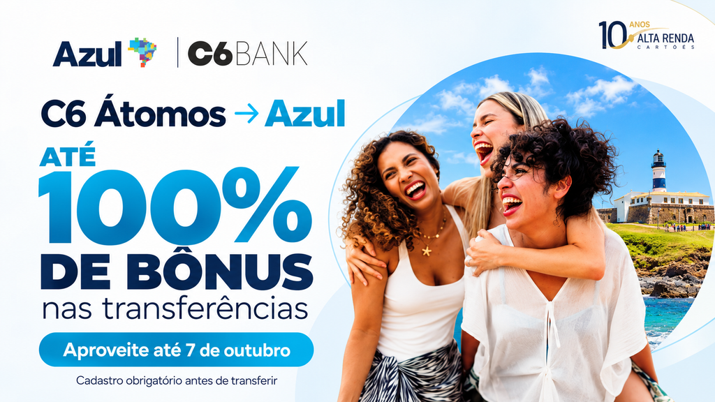 Atenção, quem tem pontos no C6 Átomos: o C6 Bank e a Azul Fidelidade lançaram uma campanha de transferência que acontece só nos dias 6 e 7 de outubro de 2026, com bônus de até 100 por cento. Clientes Azul recebem 40 por cento, enquanto assinantes do Clube Azul começam em 70 por cento e podem subir conforme o tempo de assinatura.

A conta impressiona. Transfira 10.000 pontos-base e, na faixa máxima, eles viram 20.000 pontos Azul Fidelidade. O percentual extra cresce com o tempo de clube: 5 por cento de 6 a 11 meses, chegando a 30 por cento com 60 meses ou mais, respeitando o limite anual separado desse adicional.

Cadastre seu CPF na página da campanha antes de transferir, mantenha o Clube Azul ativo e os pagamentos em dia e lembre que o bônus promocional vale por seis meses. A janela fecha em 7 de outubro, então não perca tempo se quiser turbinar seu saldo.