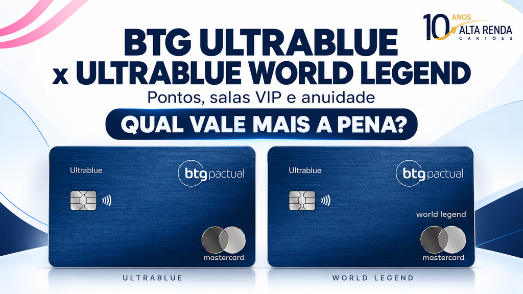 O BTG Pactual colocou frente a frente dois cartões Ultrablue para alta renda: o Ultrablue Mastercard Black e o Ultrablue Mastercard World Legend. Ambos oferecem acesso a salas VIP e benefícios de viagem, mas o World Legend eleva a pontuação para 4,5 pontos por dólar em compras nacionais e internacionais, além de 2% de cashback.

O ponto de entrada muda bastante: o Ultrablue tradicional exige a partir de R$ 1 milhão investidos, enquanto o World Legend sobe a régua para R$ 3 milhões. A anuidade integral é de R$ 4.800 nos dois casos, mas as regras de isenção são diferentes: o Ultrablue pode zerar a tarifa com R$ 400 mil investidos, enquanto o World Legend aposta nos gastos e chega à isenção com R$ 40 mil mensais.

Para quem concentra despesas no cartão, o World Legend pode transformar a pontuação extra em vantagem real. Já para quem prefere benefícios ligados a investimentos e uma exigência menor de patrimônio, o Ultrablue tradicional segue como caminho mais acessível. A disputa mostra que o melhor cartão depende do perfil de uso.