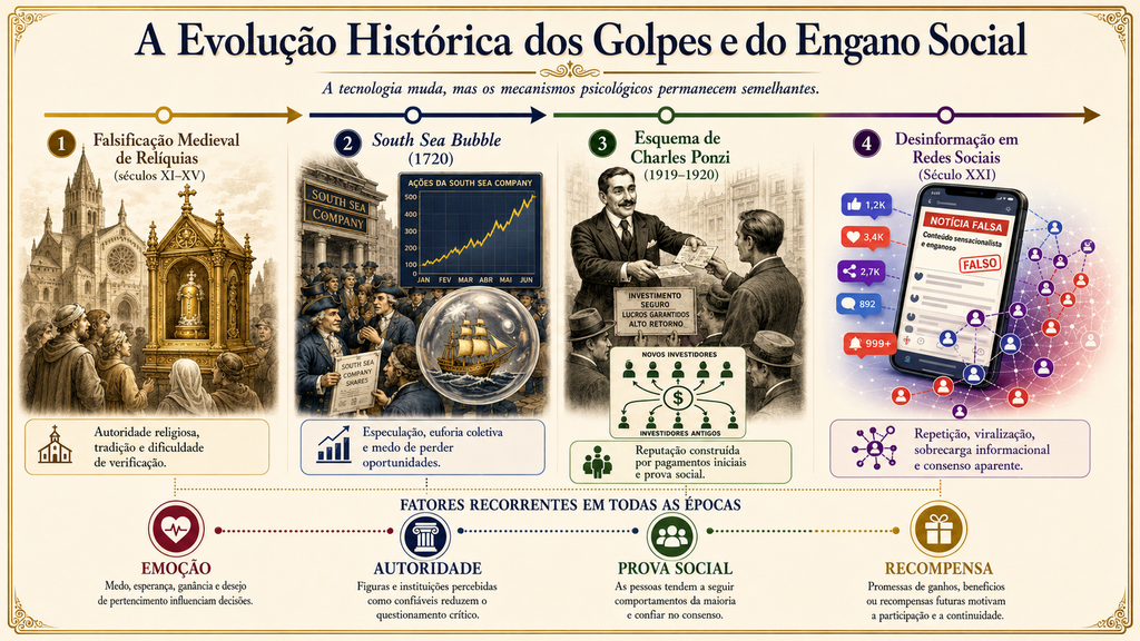 Por que alguém cai em um golpe que promete vender um mini dinossauro ou uma escritura de terreno na Lua? Este mergulho na psicologia das fraudes mostra como ofertas absurdas continuam funcionando, desde relíquias medievais até golpes modernos na internet.

Os golpistas não precisam convencer todo mundo; basta acertar a pessoa certa no momento certo, usando urgência, falsa autoridade e prova social para contornar o pensamento crítico. O artigo explica como emoções, atalhos mentais e truques de design criam a armadilha perfeita.

Se você se preocupa com segurança digital, entender esses padrões é sua melhor defesa. Esta é a primeira parte de uma série essencial sobre por que golpes, phishing e engenharia social continuam prosperando.