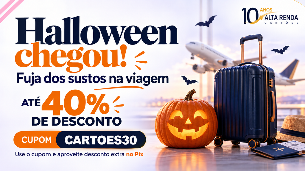 O Halloween chegou e o único susto que você quer é o da festa, não o da viagem. A campanha do Seguros Promo deixa você contratar o seguro viagem com 30% de desconto usando o cupom CARTOES30, além de 10% OFF adicional no pagamento via Pix.

Um detalhe honesto que vale destacar: a chamada promocional anuncia até 40% OFF, mas como os descontos são aplicados em sequência a economia real fica em torno de 37%. Um plano de 200 reais cai para 140 com o cupom e chega a 126 com o desconto extra no Pix. Sempre confira o valor final antes de concluir.

A contratação é rápida: escolha o destino, defina as datas da viagem, preencha seus dados, compare coberturas e exclusões e aplique o CARTOES30 escolhendo o Pix. Despesas médicas e hospitalares, extravio de bagagem e outros imprevistos variam conforme o plano, então avalie o que faz sentido para quem embarca com você.