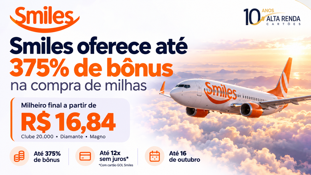 A Smiles acaba de transformar a compra de milhas em uma das jogadas mais espertas da temporada de viagens. O programa está oferecendo bônus de até 375%, o que derruba o custo efetivo do milheiro para apenas R$ 16,84.

A conta é direta: comprando 10.000 milhas por R$ 800, você recebe 47.500 milhas no total, saindo de um bônus-base de 315% até o teto máximo para assinantes do Clube Smiles e clientes Diamante ou Magno. A promoção vai até as 21h de 16 de outubro de 2026, com pagamento em até 12 vezes sem juros no cartão GOL Smiles.

Se você já tem uma emissão em mente, esse é o momento de completar o saldo. Compare o custo das milhas somado às taxas com o preço da passagem em dinheiro e fique atento à validade de 12 meses. Vai viajar para fora? Facilite seus gastos no exterior com a Nomad usando o código TWUSX2GB7T ou com a Wise para conversão de moedas e transferências.