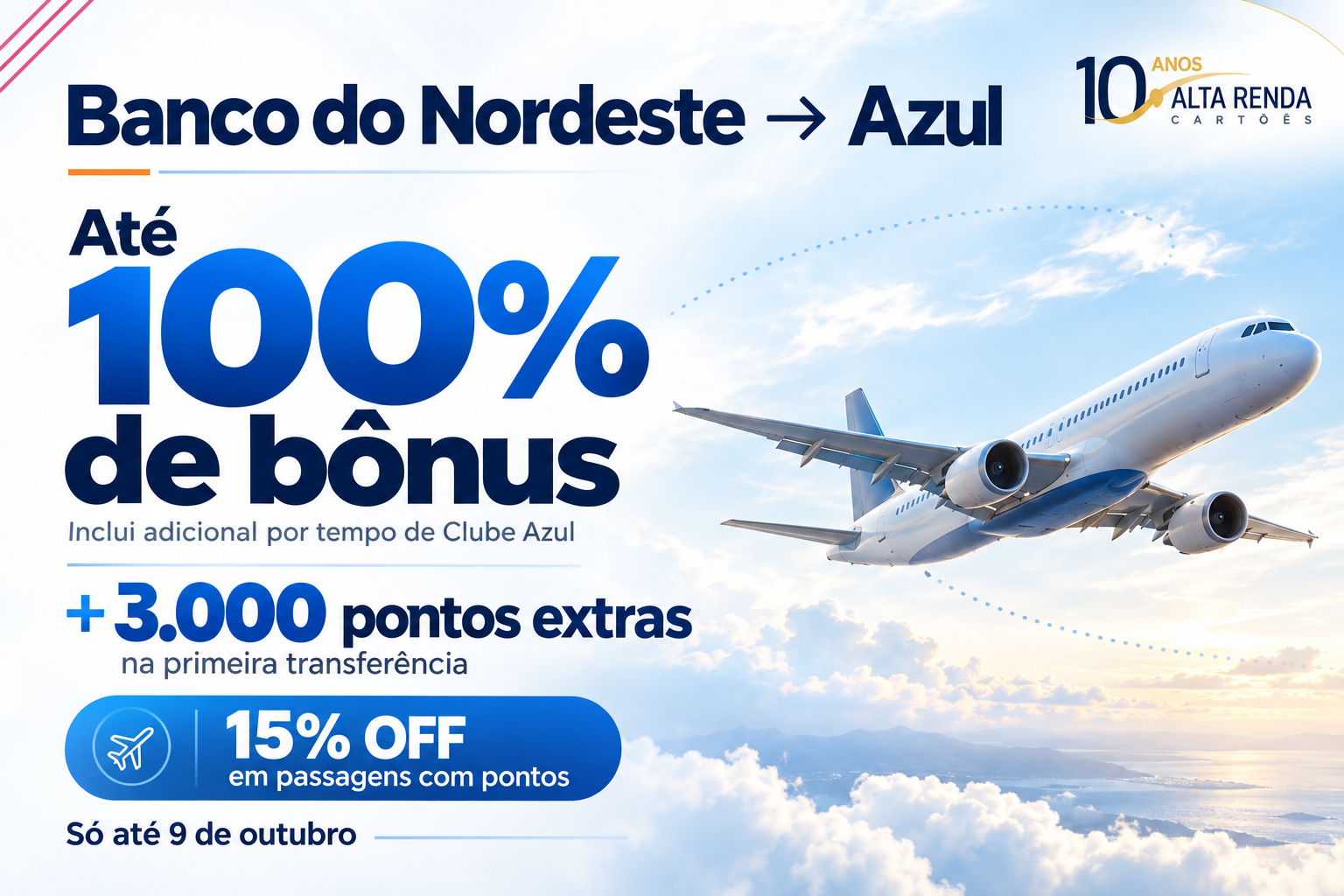 O relogio esta correndo para quem tem pontos no Banco do Nordeste. Ate 9 de outubro, clientes podem transferir o saldo para o Azul Fidelidade e garantir ate 100% de bonus, dependendo do tempo de assinatura ativa do Clube Azul.

A primeira transferencia rende 3.000 pontos extras alem da bonificacao normal, e o cupom NORDESTINO15 ainda da 15% de desconto na tarifa em pontos de voos domesticos vendidos e operados pela Azul. O bonus e limitado a 300.000 pontos por CPF e os pontos extras tem validade de apenas seis meses.

Para quem enxerga programas de fidelidade como uma verdadeira ferramenta financeira, essa e a janela ideal para transformar um saldo parado em viagem. Cadastre o CPF na pagina da campanha antes de transferir, mantenha o clube ativo e confira as datas permitidas no regulamento.