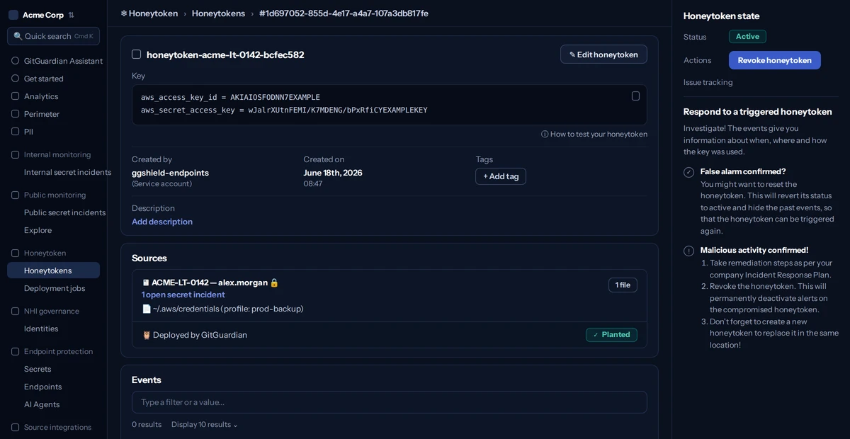 O roubo de credenciais acaba de ficar muito mais difícil de passar despercebido. Os honeytokens da GitGuardian funcionam como credenciais iscas espalhadas por toda a sua frota de desenvolvedores, do código-fonte aos pipelines de CI. Quando um atacante tenta usá-las, você recebe um alerta instantâneo com a máquina e o arquivo exatos envolvidos.

A plataforma agora implanta essas iscas em toda a frota via MDM, permitindo cobrir milhares de endpoints sem esforço. E com planos de expandir além das chaves AWS para credenciais de Kubernetes e registros de pacotes, a GitGuardian está construindo a camada de decepção definitiva para segurança de segredos.

Como um honeytoken nunca é usado para trabalho legítimo, qualquer tentativa de uso é um sinal claro de intrusão. Zero falsos positivos, resposta imediata. É assim que você pega o roubo de credenciais no ato.