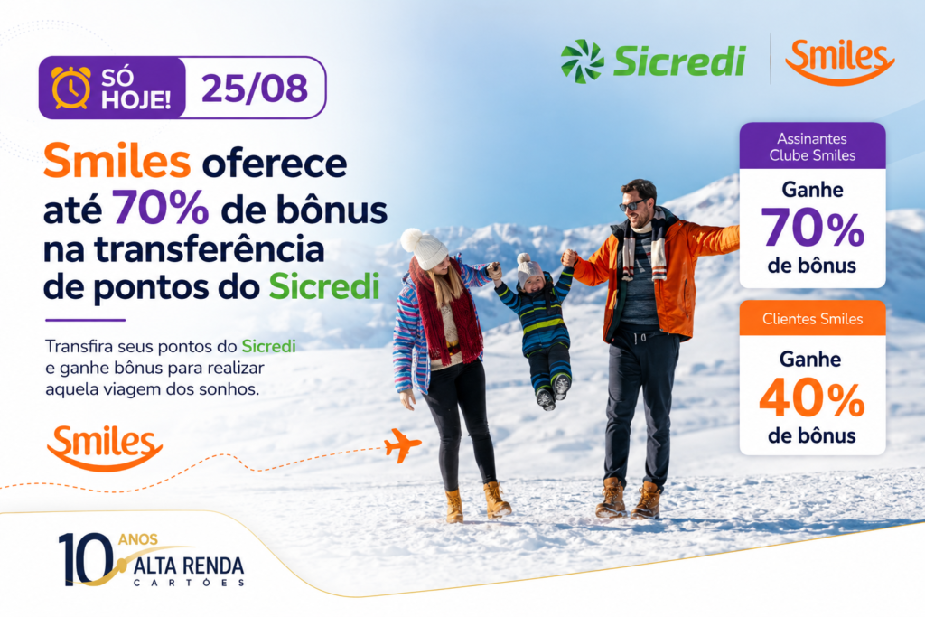 A Smiles, programa de fidelidade da GOL, acaba de ativar uma promoção relâmpago com o Sicredi que pode turbinar seu saldo de milhas em até 70%. A oferta vale somente até as 23h59 de hoje, no horário de Brasília, então esta é a hora de transformar pontos parados em viagens.

Assinantes do Clube Smiles e clientes das categorias Diamante ou Magno garantem o bônus máximo de 70%, enquanto os demais clientes Smiles recebem 40%. O limite é de 300.000 milhas bônus por CPF ou conta família, com crédito previsto até 09/09/2026.

Se você tem pontos no Sicredi sem destino imediato, essa é uma oportunidade rara de dar um salto na sua pontuação para passagens aéreas, hospedagens e muito mais. Não esqueça de se cadastrar na página oficial da campanha antes de transferir.