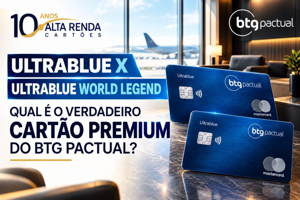 O BTG Pactual tem dois dos cartões mais exclusivos do Brasil, e ambos cobram a mesma anuidade de R$ 4.800. Mas o Ultrablue e o Ultrablue World Legend estão longe de serem iguais, e a escolha entre eles depende de quanto você gasta, quanto investe e quais benefícios realmente vai usar.

O Ultrablue brilha para clientes de alta renda que conseguem manter mais de R$ 400 mil investidos no BTG, garantindo isenção total da anuidade. Já o World Legend é feito para o público de altíssima renda, com pontuação maior de 4,5 pontos por dólar e benefícios como Taste of Priceless e vantagens no Terminal BTG Pactual em Guarulhos.

Esta comparação mostra os números reais por trás de pontos, salas VIP, isenções e gastos internacionais para ajudar você a decidir qual cartão premium faz sentido para o seu perfil.