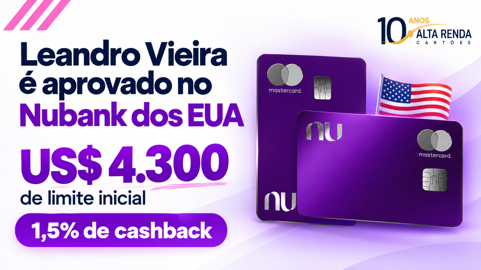 A operação do Nubank nos Estados Unidos está chamando atenção com uma aprovação que detalha limite inicial de US$ 4.300, cartão de metal Mastercard World Elite, isenção de anuidade e 1,5% de cashback ilimitado em compras elegíveis. A conta inclui cartões de débito e crédito em dólar, com versões digitais liberadas antes da chegada dos cartões físicos.

A proposta também indica APR de 29,99% ao ano e nenhuma tarifa de transação internacional listada, com serviços bancários fornecidos pelo Lead Bank. Para quem acompanha finanças transfronteiriças, é mais um sinal de que bancos digitais estão avançando em contas em dólar, cartões internacionais e programas de recompensas.