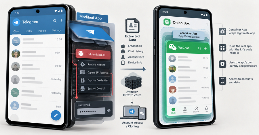 Um kit de spyware Android alugável chamado uCreator transforma cópias adulteradas do Telegram e do WeChat em máquinas de roubo de contas. Ele se esconde dentro de versões funcionais dos apps, captura senhas de verificação em duas etapas do Telegram em texto legível, clona contas do WeChat e consegue ocultar a sessão do atacante na lista de dispositivos.

O malware se espalha por instalação manual de APKs e páginas falsas de lojas de aplicativos que promoviam o Telegram X como app de namoro e videochat, com anúncios voltados para o Brasil e a Indonésia. O Brasil aparece com 20,5% dos casos conhecidos. O kit também pode encerrar sessões, trocar o número vinculado ou apagar a conta. Use apenas lojas oficiais e nunca instale APKs de fontes desconhecidas.