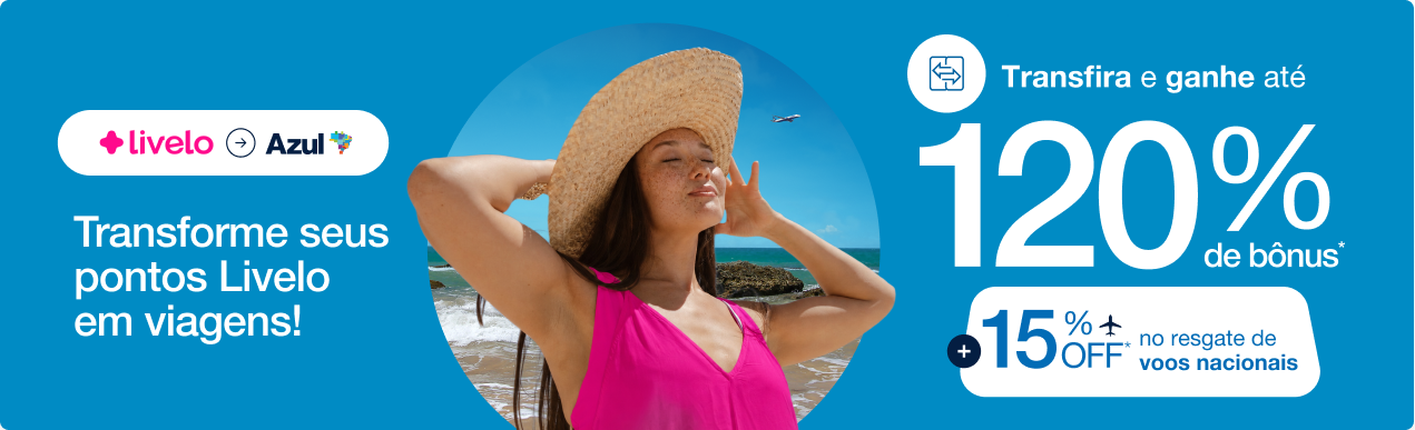 Atenção, amantes de pontos de viagem: o Azul Fidelidade lançou uma promoção incrível e por tempo limitado para transferências da Livelo. Até o dia 10 de setembro, membros elegíveis podem combinar até 90% de bônus na transferência Livelo para Azul, mais 30% adicionais dependendo do tempo de Clube Azul. No total, isso significa até 120% de pontos extras para turbinar a sua próxima viagem.

Para garantir o bônus máximo, é preciso ser assinante ativo do Clube Azul e do Clube Livelo. Os pontos bônus são creditados em até 15 dias úteis após o término da campanha, com limite cumulativo de 100 mil pontos por CPF ao ano. Uma janela de ouro para quem busca esticar ainda mais as milhas.