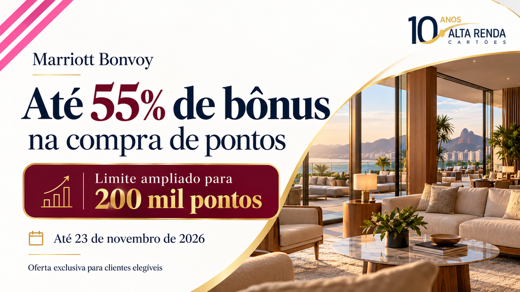 O Marriott Bonvoy acendeu o sinal verde para quem já está planejando a próxima viagem: membros elegíveis que receberam a oferta podem garantir até 55% de bônus na compra ou no envio de pontos como presente, e o limite anual de compra subiu para 200.000 pontos. A campanha vai até 23 de novembro de 2026 e, para quem aproveitar o percentual máximo, isso significa nada menos que 310.000 pontos na conta.

A conta é onde a coisa fica realmente empolgante. Com o preço informado de US$ 12,50 por 1.000 pontos, o bônus máximo derruba o custo efetivo para cerca de US$ 8,06 por 1.000 pontos recebidos. É um desconto pesado para quem precisa completar o saldo de uma hospedagem específica, principalmente quando o custo em pontos fica abaixo da tarifa em dinheiro para as mesmas datas.

Antes de concluir, vale o bom senso: o bônus é pessoal, intransferível e depende da disponibilidade, os pontos podem levar até 72 horas para entrar na conta, a compra mínima é de 2.000 pontos e não há reembolso. Compare com o valor em dinheiro e, se o pagamento for em moeda estrangeira, um serviço como a Wise ajuda a reduzir o impacto do câmbio.
