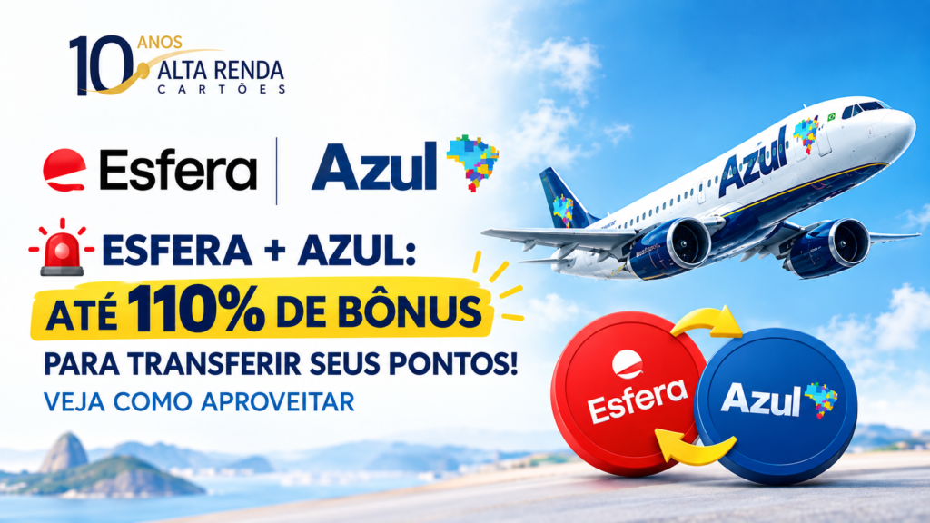 Quem tem pontos no Esfera e voa de Azul ganhou um motivo para agir rápido. Até 20 de setembro de 2026, clientes elegíveis podem garantir até 110% de bônus na transferência para o Azul Fidelidade, além de 2.000 pontos extras na primeira transferência.

O percentual depende do perfil do cliente. O bônus começa em 50% para quem é cliente Azul, sobe para 80% para assinantes do Clube Azul e ganha camadas extras conforme o tempo de assinatura, chegando a 110% para quem tem 60 meses ou mais. Uma transferência de 10.000 pontos Esfera pode virar até 23.000 pontos Azul.

Atenção às regras: os pontos bônus valem apenas 6 meses e o bônus principal tem limite de 300.000 pontos por CPF. Ou seja, vale fazer a conta antes de transferir e conferir o regulamento oficial no site da Azul.