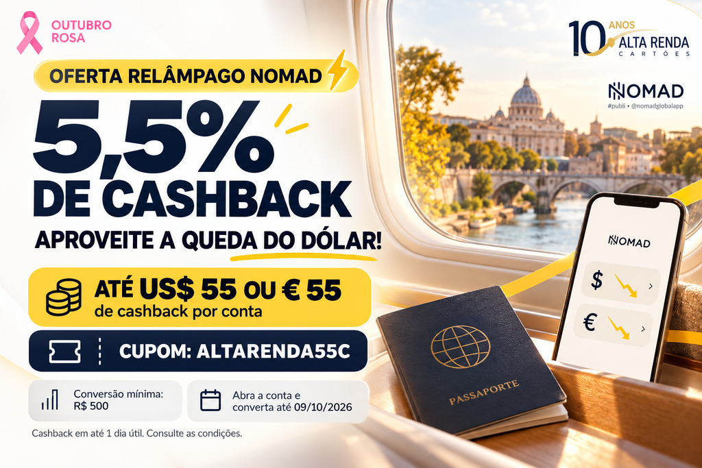 A Nomad acaba de lançar uma oferta relâmpago para novos clientes, e o momento não poderia ser melhor com o dólar caindo abaixo de R$ 5. Abra sua conta internacional e converta pelo menos R$ 500 para receber 5,5% de cashback, com teto de US$ 55 ou € 55 por conta.

A campanha vale só até 9 de outubro de 2026, e o cashback cai na conta em até um dia útil. Se você já planeja uma viagem ou quer guardar dólares e euros, essa é uma chance rara de ganhar um dinheiro extra na conversão.